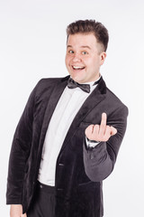  man showing middle finger.