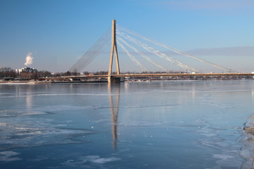 Guy cable bridge through Daugava River. Riga, Latvia