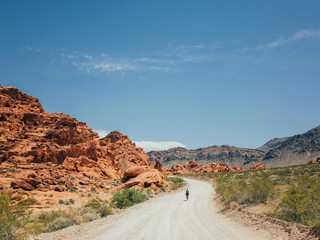 A silhouette of a cyclist riding a gravel road in the nevada desert in death valley