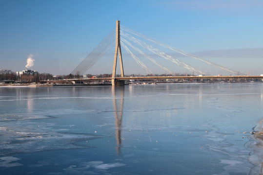 Guy cable bridge through Daugava River. Riga, Latvia
