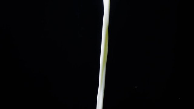 Slow motion top-down stream of whole milk poured on black background