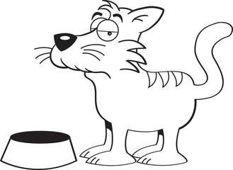 Black and white illustration of a cat with a food dish