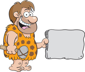Cartoon illustration of a caveman holding a sign.