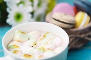 Obraz na płótnie Canvas Macarons and mug with hot chocolate and marshmallows