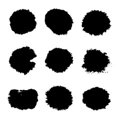 Vector smear set. Collection of black ink brush strokes and print stamps. Vector grunge splatter stains isolated on white background. 