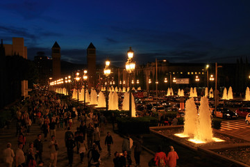 Fountains of the Font Magica in Barcelona at night, Spain