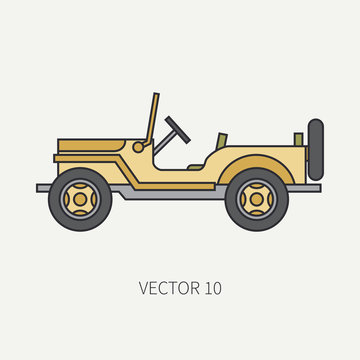 Line flat color vector icon service staff open body army car. Military vehicle. Cartoon vintage style. Cargo transportation. Tractor unit. Tow auto. Simple. Illustration and element for your design.