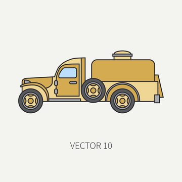 Line flat color vector icon service staff refueller army truck. Military vehicle. Cartoon vintage style. Cargo transportation. Tractor unit. Tow auto. Simple. Illustration and element for your design.