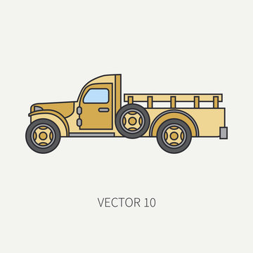 Line flat color vector icon service staff open body army truck. Military vehicle. Cartoon vintage style. Cargo transportation. Tractor unit. Tow auto. Simple. Illustration and element for your design.