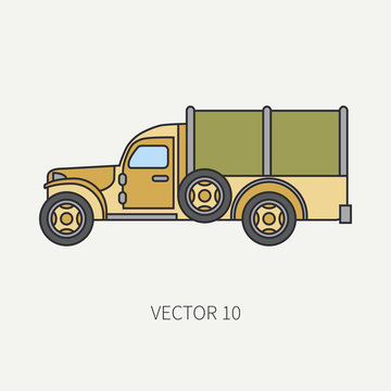 Line flat color vector icon tarpaulin wagon army truck. Military vehicle. Cartoon vintage style. Cargo and soldiers transportation. Tractor unit. Tow. Simple. Illustration and element for your design.