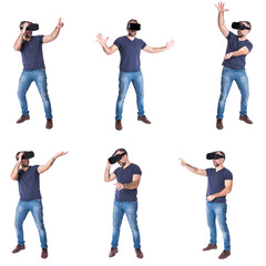 Fototapeta premium Beard man using virtual reality goggles, isolated on a white background - collection of multiple positions.