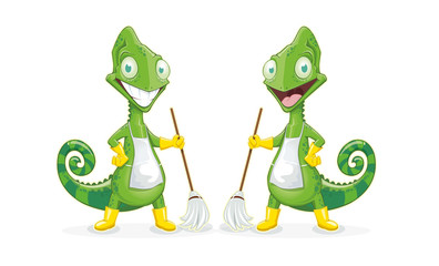 Chameleon with mop. Isolated vector character of a chameleon cleaner. Cleaning company 