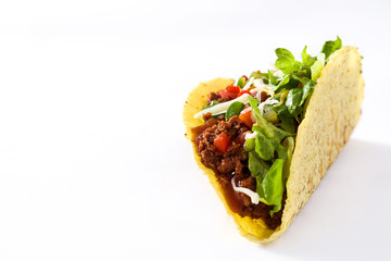 Traditional Mexican tacos with meat and vegetables, isolated on white background
