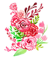 Pink roses with decorative leaves, isolated hand painted watercolor illustration in modern style (soft spots)