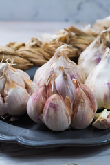 Garlic. Dried French garlic. Red garlic. Violet garlic.Garlic background. garlic bulbs.