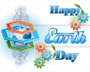 Celebration, design, background with 3d texts, gears and Earth globe for Earth day, event celebration; Vector illustration