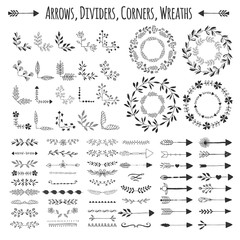 Set of vector arrows, wreaths, corners and dividers. Hand drawn design elements.