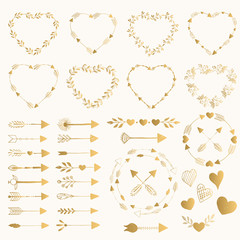 Collection of golden arrows, frames, borders, hearts and lines.