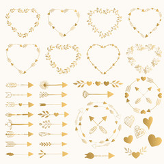 Collection of golden arrows, frames, borders, hearts and lines.
