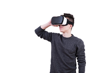 The man with glasses of virtual reality on white isolated background.