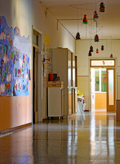 long corridor of the kindergarten with  drawings