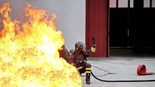 firefighters during the exercise for the fire extinguishing caus