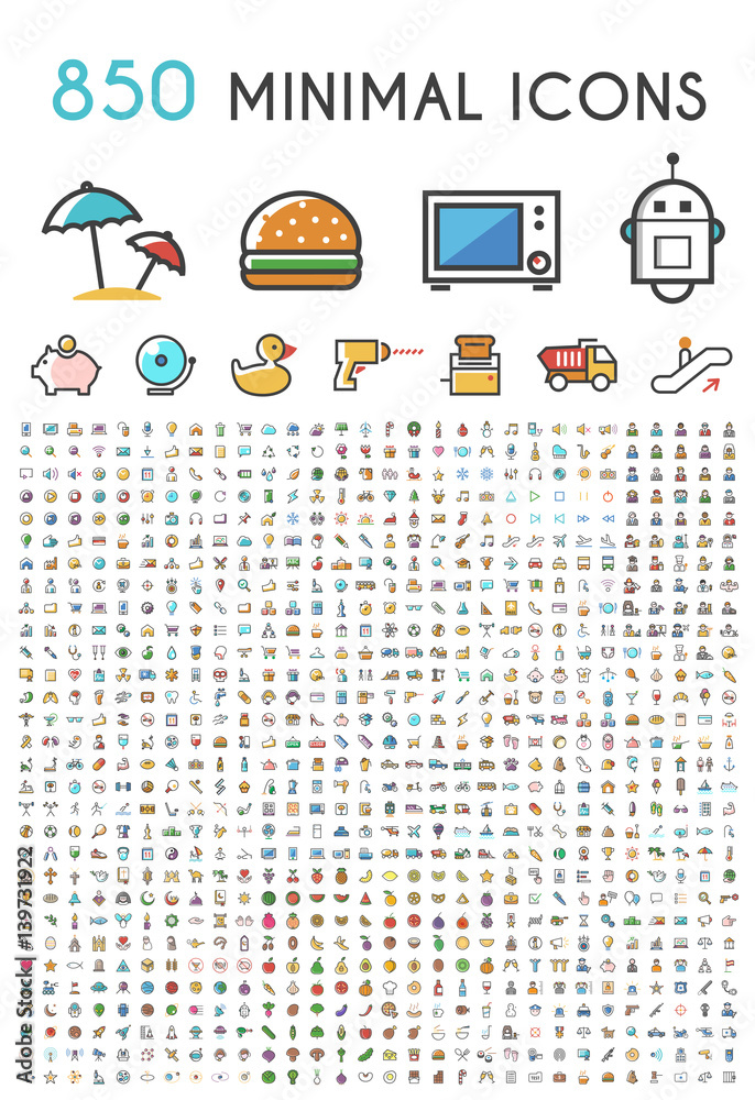 Poster set of 850 minimalistic solid line colored . isolated vector elements