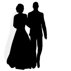 Vector, silhouette of the bride and groom walking, wedding
