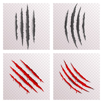Animal Monster Claws Blood Bleeding Scratches Torn Material Template Set Transparent Background Mock Up Design Vector Illustration