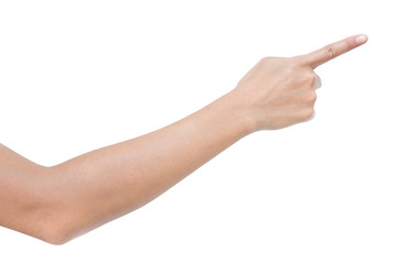 right back hand a woman, one, show forefinger, index finger, raise number, count sign. isolated...