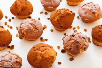 Muffins with raisins . Homemade cake with Icing Sugar