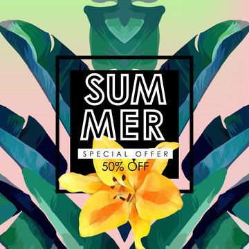 Floral flayer or discount voucher vector template. Trendy summer illustration. Tropical banana leaves and exotic flowers texture on bleur background.