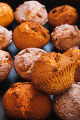 Muffins with raisins . Homemade cake with Icing Sugar