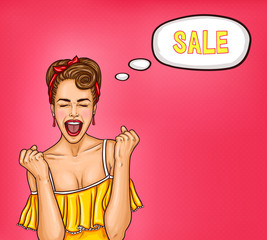 Vectorpop-artillustratie van een enthousiaste sexy vrouw die over een verkoop denkt.