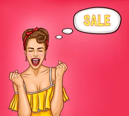 Foto op Plexiglas Pop art Vectorpop-artillustratie van een enthousiaste sexy vrouw die over een verkoop denkt.