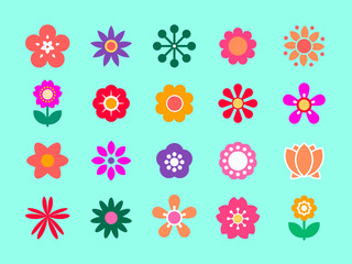 Bright ornamental shapes of the flowers. Flat floral elements for garden design or funny women's and children's prints. 