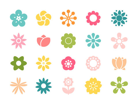 Bright ornamental shapes of the flowers. Flat floral elements for garden design or funny women's and children's prints. 