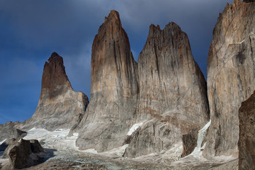 The granite towers of Torres closeup. National Park Torres del Paine. Chile.