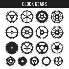 Vector Clock Gears. Black Icons Isolated On White Background.