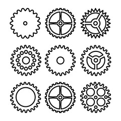 Vector Clock Gears. Outline Icons Set Clock Or Machine Wheel Mechanism. Mechanical, Technology Sign Isolated On White Background.