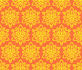 Seamless pattern with sunflowers. Beautiful yellow flowers on an orange background in flat minimalist wallpaper, print, fabric, textile, cases smartphone wrap soaps and cosmetics. Vector illustration.