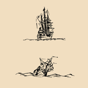 Vector set of sailing ships in the sea in ink line style. Hand sketched old fluyts. Marine theme design.