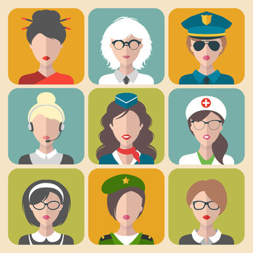 Vector set of different professions woman app icons in trendy flat style.