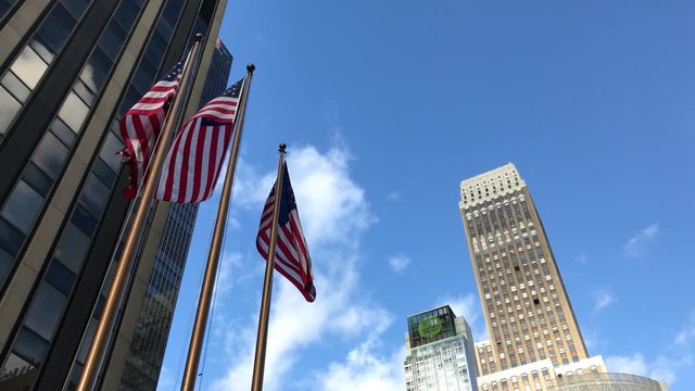 American flags on 33th street, New York, Usa, 4K