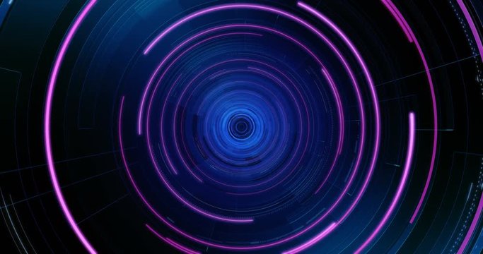 4K Loop Futuristic technological abstract motion graphic background, Circle Digital HUB, rotation element. Flyby motion. Tunnel