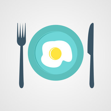 Plate with fried egg. Breakfast vector illustration.