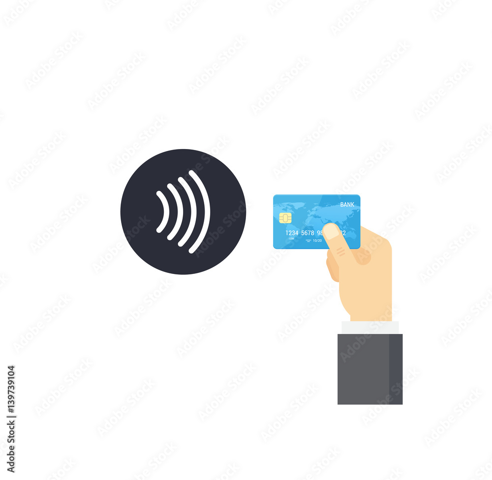 Sticker Pos terminal confirms contactless payment from credit card. NFC Payment vector illustration in flat style.