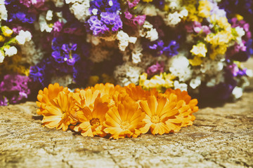 bouquet of calendula (Calendula officinalis L.) on Beautiful flowers background  .processed in Nik Color Efex Pro - obrazy, fototapety, plakaty