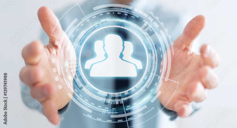Poster businessman using blue social network 3d rendering