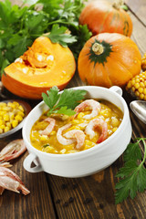 Pumpkin soup-puree with shrimp